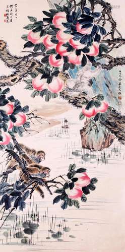 CHINESE SCROLL PAINTING OF MONKEY AND PEACH SIGNED BY HE XIA...