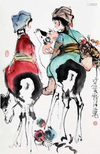 CHINESE SCROLL PAINTING OF GIRLS ON DEER SIGNED BY CHENG SHI...