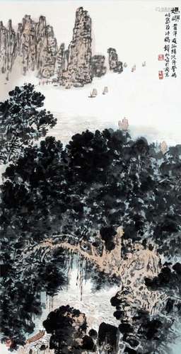 CHINESE SCROLL PAINTING OF MOUNTAIN VIEWS SIGNED BY QIAN SON...