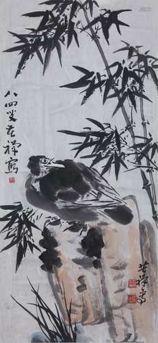 CHINESE SCROLL PAINTING OF BIRD ON ROCK SIGNED BY LI KUCHAN