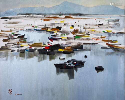 CHINESE SCROLL PAINTING OF HARBOR SENCE SIGNED BY WU GUANZHO...