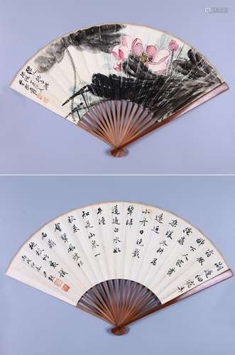 CHINESE FAN PAINTING OF LOTUS WITH CALLIGRAPHY SIGNED BY ZHA...