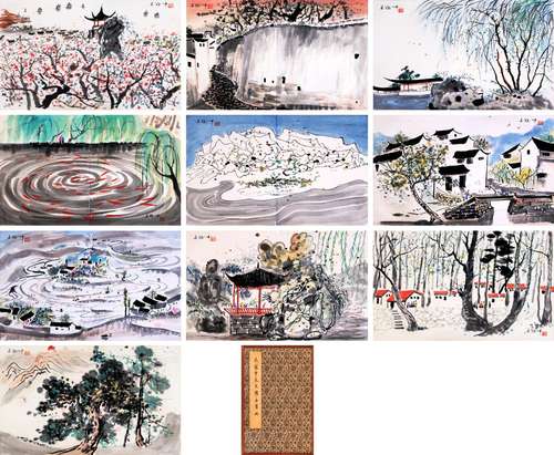 TEN PAGES OF CHINESE ALBUM PAINTING OF LANDSCAPE SIGNED BY W...