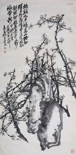 CHINESE SCROLL PAINTING OF PLUM BLOSSOMMINGS SIGNED BY WU CH...