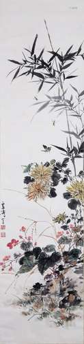 CHINESE SCROLL PAINTING OF BAMBOO AND FLOWER SIGNED BY WANG ...