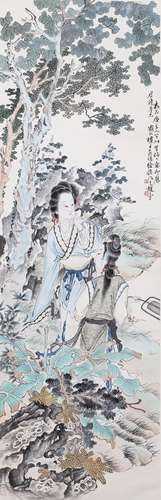 CHINESE SCROLL PAINTING OF BEAUTY IN GARDEN SIGNED BY XUCAO