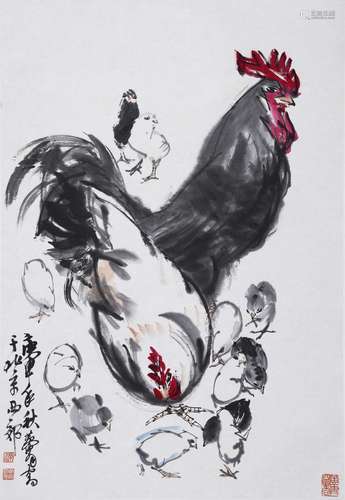 CHINESE SCROLL PAINTING OF ROOSTER AND CHICK SIGNED BY HUANG...