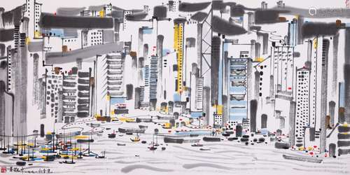 CHINESE SCROLL PAINTING OF CITY SENCE SIGNED BY WU GUANZHONG