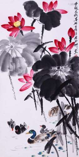 CHINESE SCROLL PAINTING OF DUCK AND LOTUS SIGNED BY LOU SHIB...