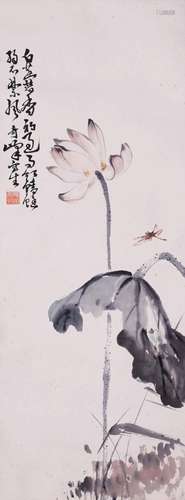 CHINESE SCROLL PAINTING OF LOTUS SIGNED BY GAO QIFENG