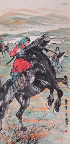 CHINESE SCROLL PAINTING OF GIRL ON HORSE SIGNED BY HUANGZHOU