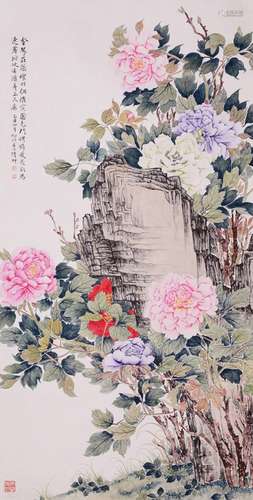 CHINESE SCROLL PAINTING OF FLOWER AND ROCK SIGNED BY LU YIFE...