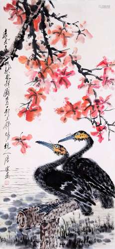 CHINESE SCROLL PAINTING OF BIRD AND FLOWER SIGNED BY TANGYUN