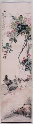 CHINESE SCROLL PAINTING OF DOVES AND FLOWER SIGNED BY YAN BO...