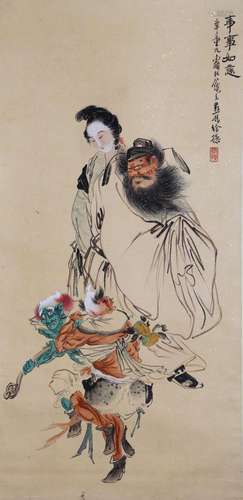 CHINESE SCROLL PAINTING OF FIGURES SIGNED BY XUCAO