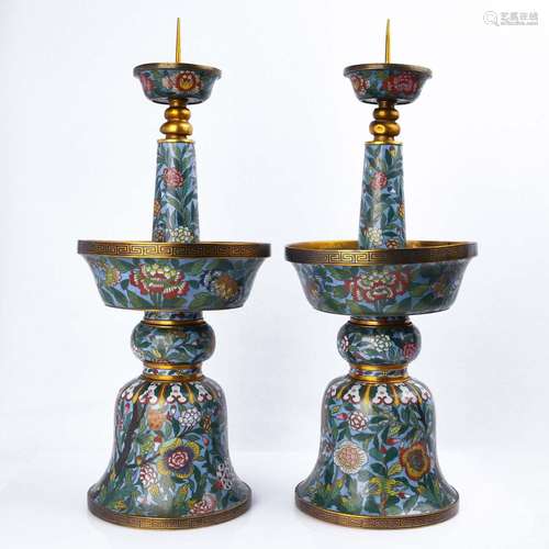 A PAIR OF CLOISONNE ENAMEL CANDLESTICKS