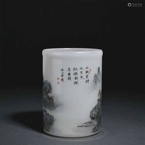 A PAINTED BEIJING GLASS BRUSHPOT.MARK OF QIANLONG