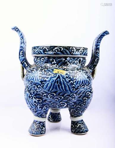 A BLUE AND WHITE TRIPOD CENSER