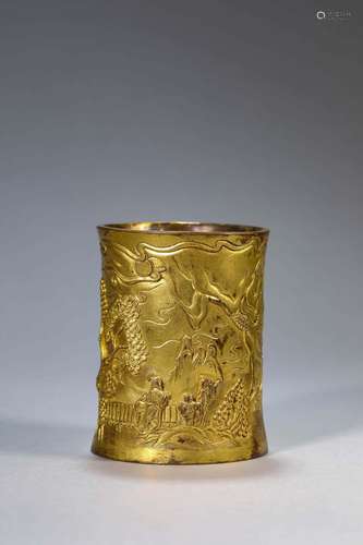 A GILT-BRONZE BRUSHPOT.MARK OF QIANLONG