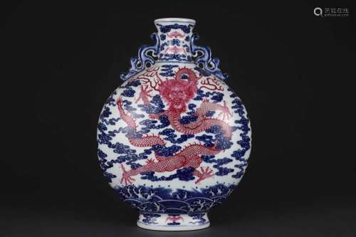 AN IRON-RED BLUE AND WHITE 'DRAGON' MOONFLASKL.MARK OF QIANL...