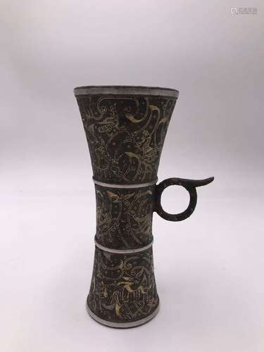 A GOLD AND SILVER INLAID BRONZE WINE VESSEL