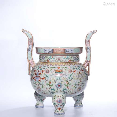 A FAMILLE-ROSE TRIPOD CENSER.MARK OF QIANLONG