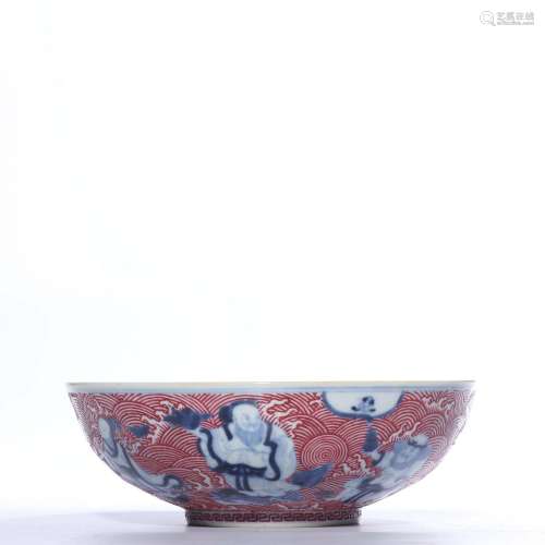 A COPPER-RED BLUE AND WHITE BOWL.MARK OF GUANGXU