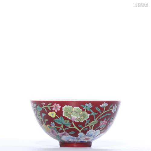 A RUBY-GROUND FAMILLE-ROSE BOWL.MARK OF JIAQING