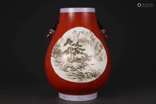 A CORAL-RED GROUND INK-GLAZED JUN.MARK OF QIANLONG