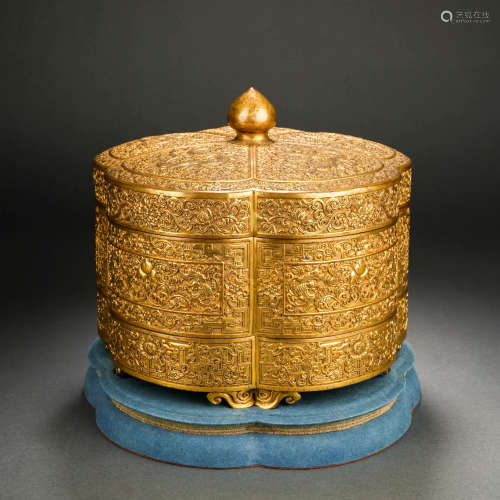 銅鎏金“百福紋”多寶盒  附原布托