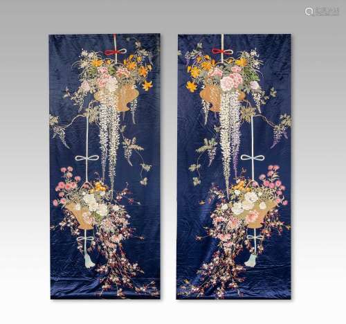 A PAIR OF LARGE AND IMPRESSIVE JAPANESE EMBROIDERED SILK WAL...