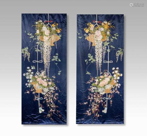 A PAIR OF LARGE AND IMPRESSIVE JAPANESE EMBROIDERED SILK WAL...