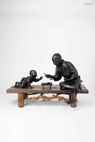 A LARGE JAPANESE BRONZE AND WOOD TOKYO SCHOOL OKIMONO BY TAK...