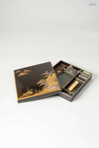 A FINE JAPANESE GOLD AND SILVER LACQUER SUZURIBAKO (WRITING ...