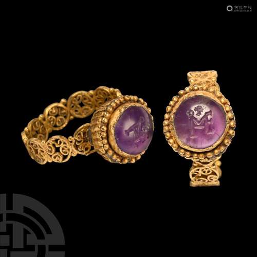 Byzantine Gold Filigree Ring with Monogram Amethyst Gemstone