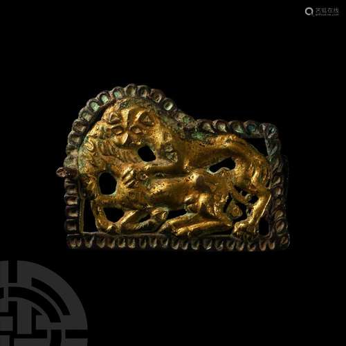 Central Asian Silver Gilt Zoomorphic Belt Plaque with Attack...