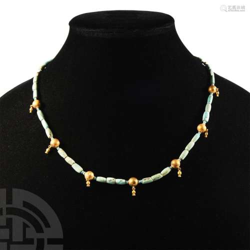 Western Asiatic Turquoise Bead Necklace with Gold Pomegranat...