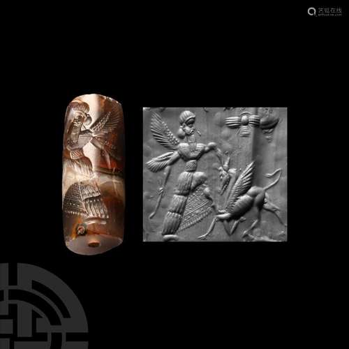 Early Neo-Assyrian Banded Agate Cylinder Seal with Combat Sc...