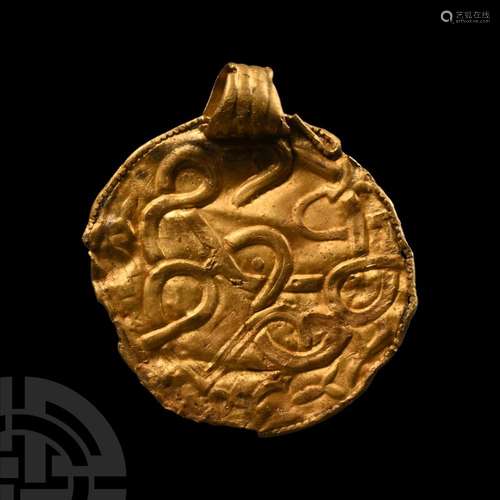 Pre-Viking Gold Bracteate Pendant with Entwined Beast