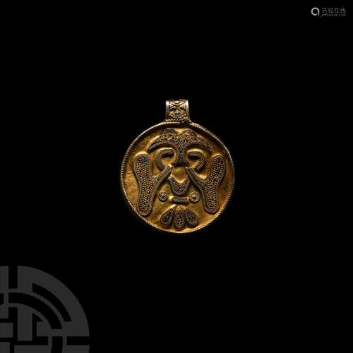 Viking Age Silver-Gilt Filigree Pendant with Conjoined Raven...