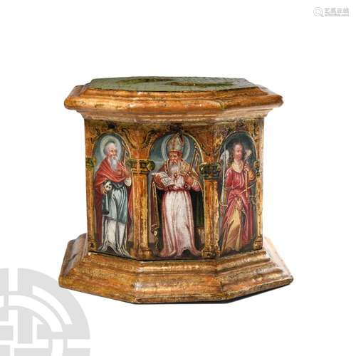 Renaissance Gilt Wooden Octagonal Socle with Paintings of Sa...