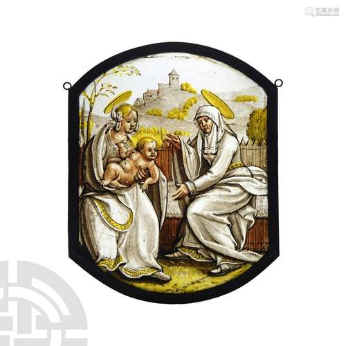 Medieval Stained Glass Panel with the Education of Christ wi...