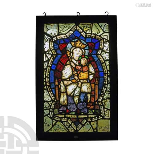 Medieval Stained Glass Panel with The Virgin and Child