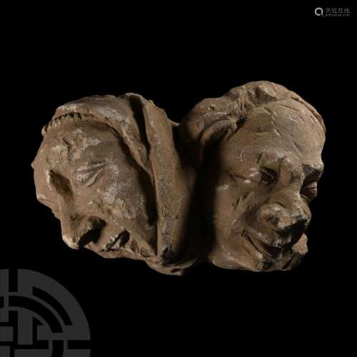 Medieval Limestone Corbel with Jester Heads