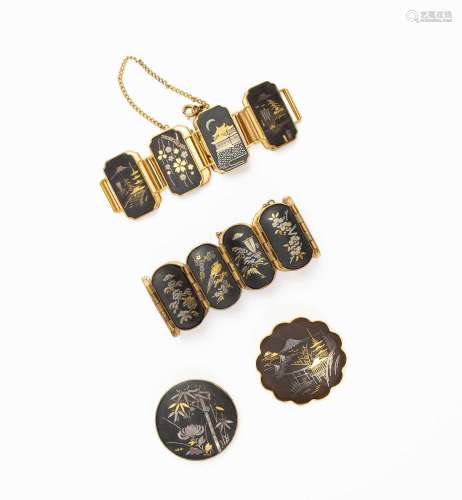 TWO JAPANESE DAMASCENE BRACELETS AND TWO BROOCHES MEIJI OR L...