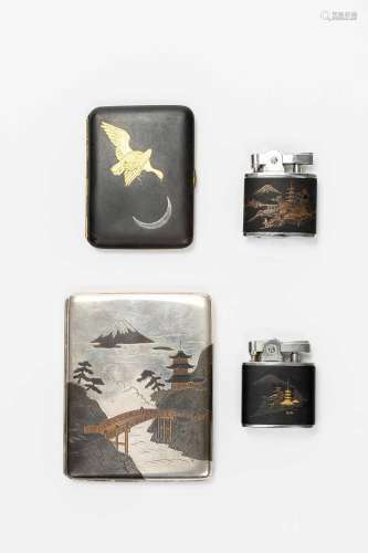 TWO JAPANESE CIGARETTE CASES AND TWO LIGHTERS TAISHO OR LATE...