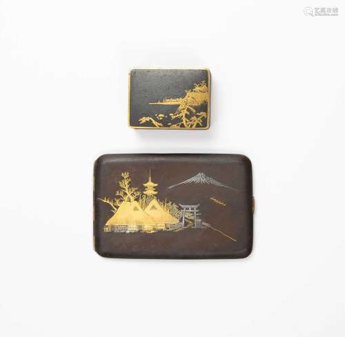 A SMALL JAPANESE INLAID IRON BOX AND CIGARETTE CASE BY KOMAI...