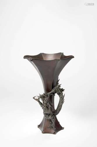 A JAPANESE BRONZE VASE WITH DRAGON AND ROCK CRYSTAL BALL MEI...