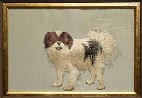 A JAPANESE SILK EMBROIDERY OF A PEKINGESE DOG MEIJI ERA, 19T...