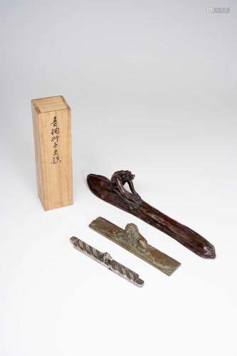 THREE JAPANESE METAL WEIGHTS OR BRUSHRESTS MEIJI OR LATER, 1...